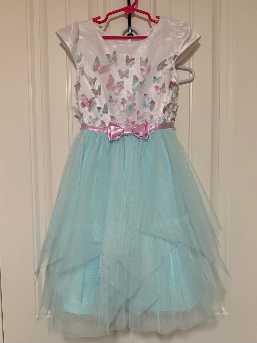 Girls' White & Light Blue Butterfly Tulle Dress with Pink Bow - Size 6